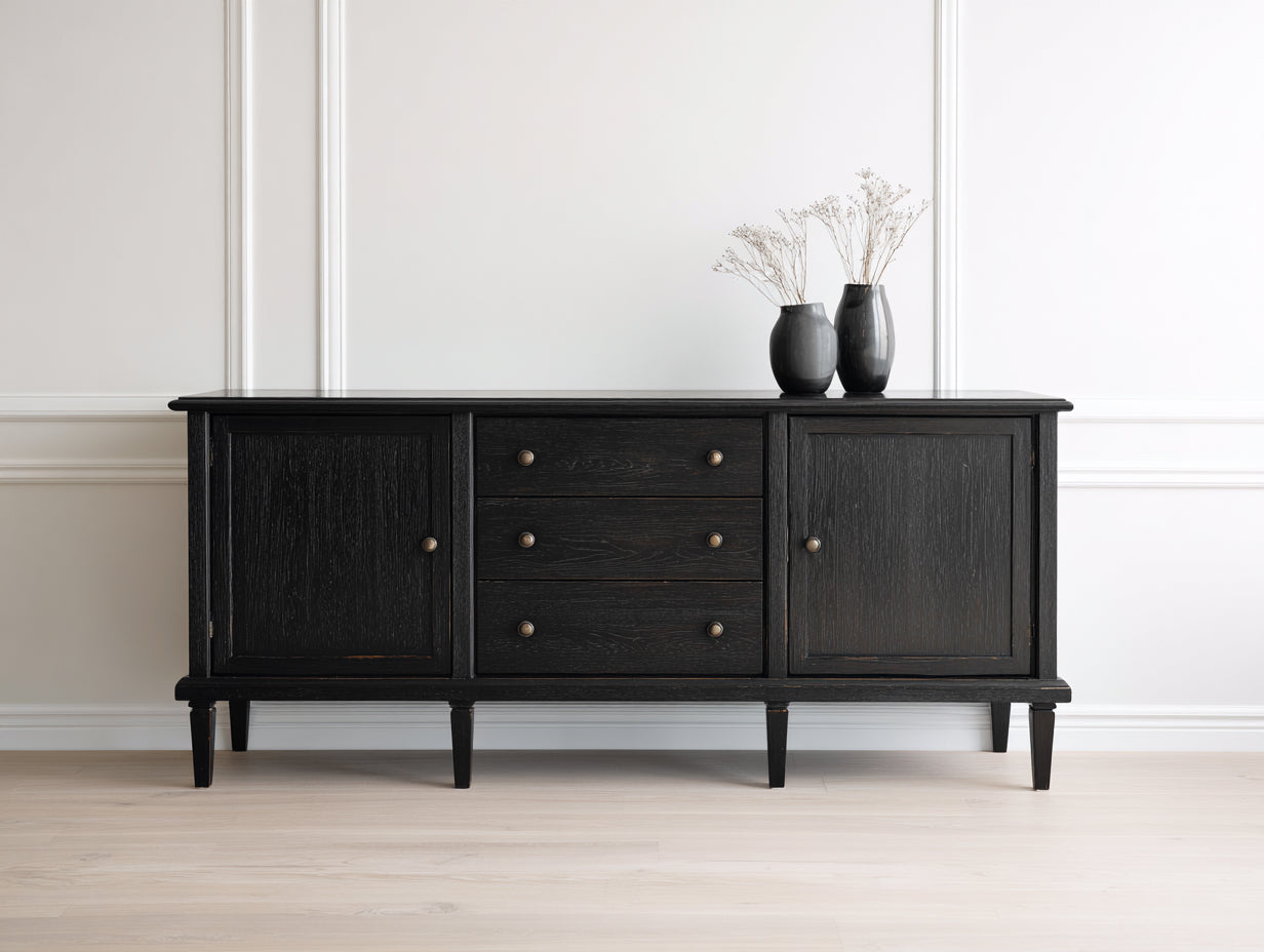 Dielenschrank Holz Massivholz 160x40x75 cm Schwarz - Vintage Landhaus Stil Flur Kommode mit 2 Türen 3 Schubladen Stauraum