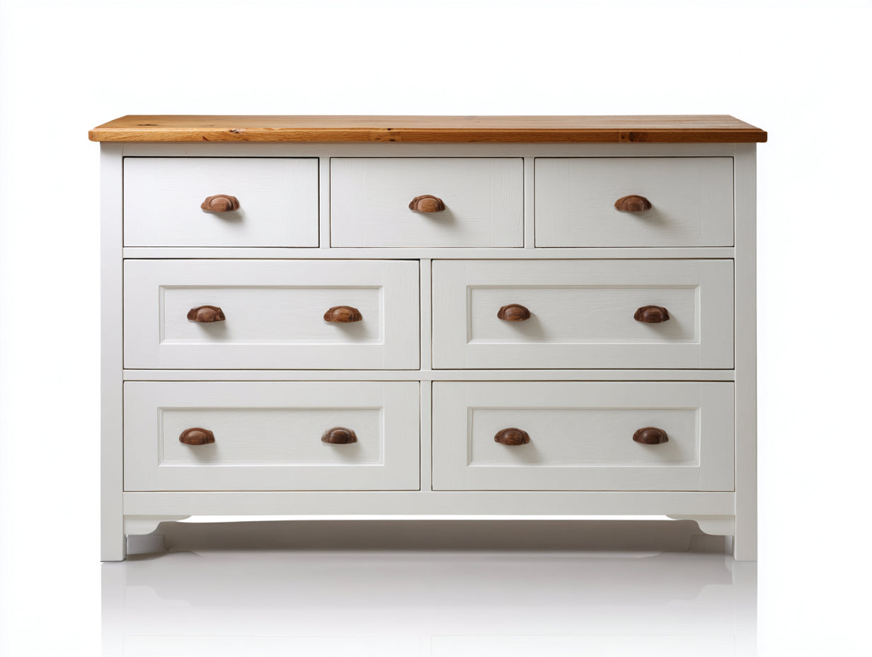 Kommode mit Schubladen Holz Weiß Natur 140x40x85 cm - 7 Schubladen Wohnzimmer Schlafzimmer Stauraum Modern