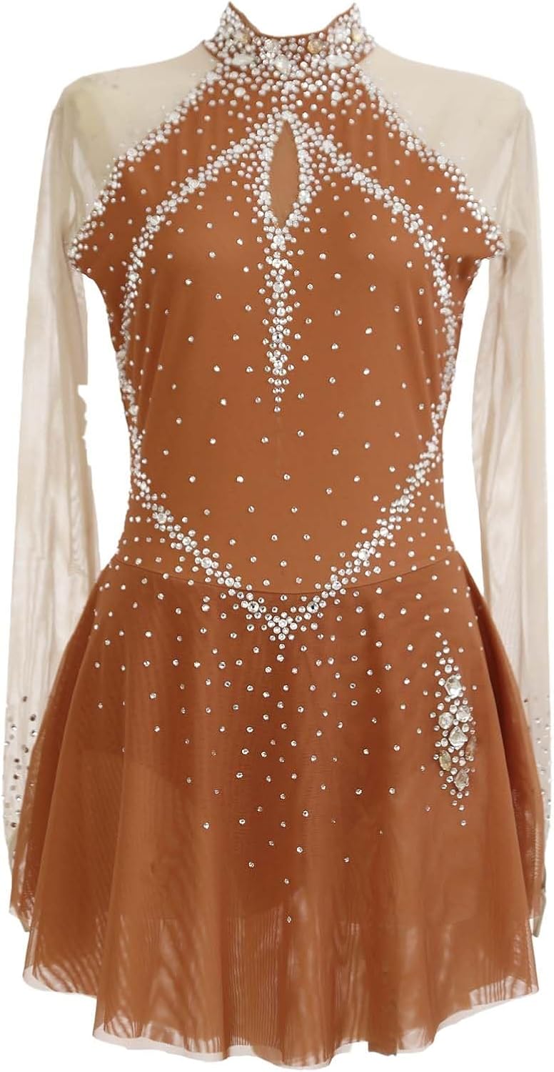 Eiskunstlauf Kleid für Mädchen und Damen - langärmlig mit Rundhalsausschnitt - Eistanz Wettkampfkleid - maschinenwaschbare Eislaufbekleidung für Training und Performance
