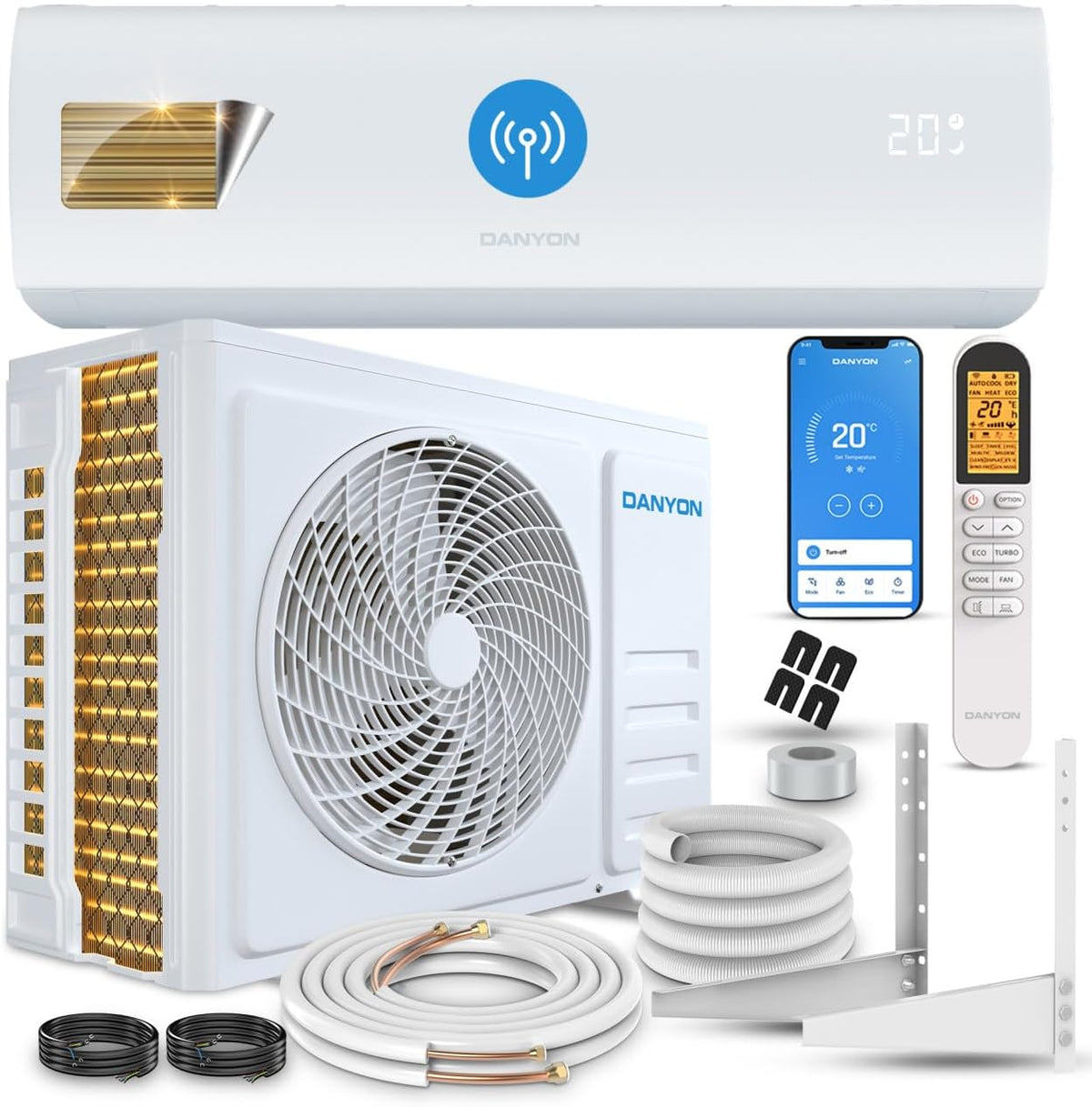 DANYON DA XA35 Split Klimaanlage - 12000 BTU und 3,4 kW für Räume bis 59 m2 - Inverter Heizen WiFi App Selbstreinigung und R32 - 5 m Komplettset mit Fernbedienung