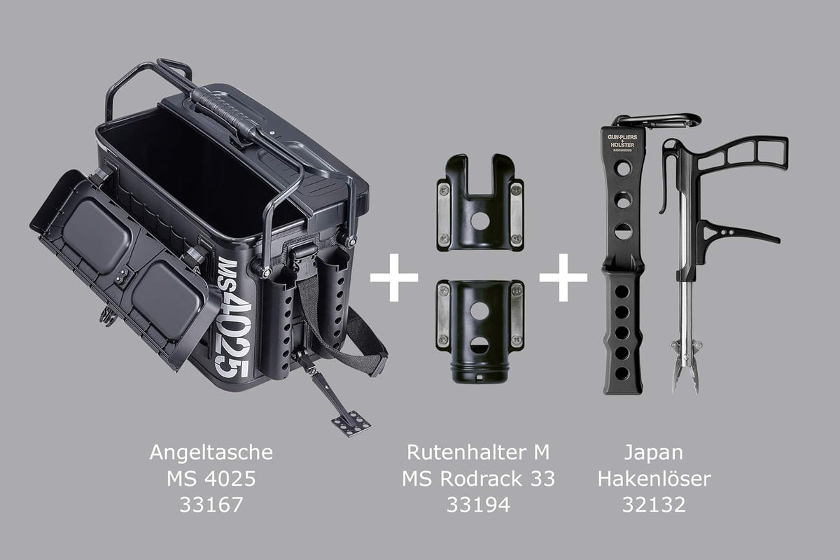 Daiichiseiko MS 4025 Angelset - Schwarze Angeltasche mit Rodrack 33 und Hakenlöser - 3,21 kg Komplettausstattung - Für Transport Organisation und Angelausflüge