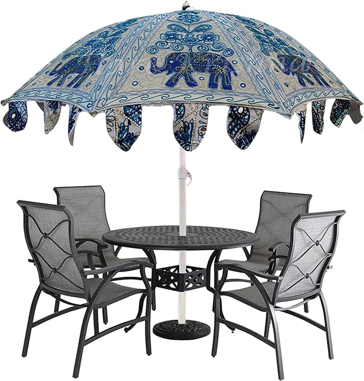 Indischer Baumwoll Sonnenschirm - Handgefertigte bestickte Ausführung für Garten und Strand - Dekorativer Sonnenschutz mit traditioneller Gestaltung - Für Terrasse Außenbereich und Freizeit