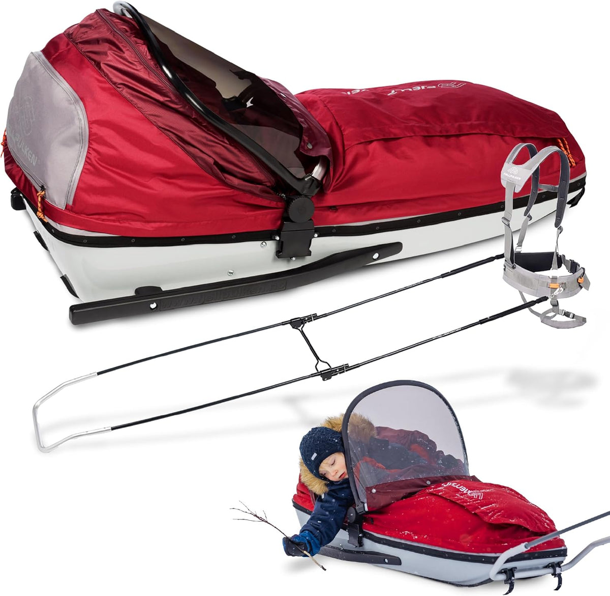 Kinder Pulk Schneeschlitten - Mit Gurt und Deichsel für Skifahren Wandern und Trekking - Rot Schwarz aus Glasfaser - 131 x 53 x 30 cm für Winter und Freizeit