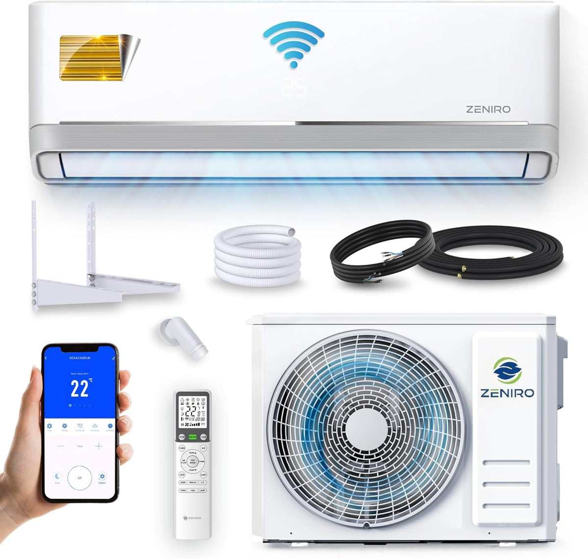 Split Klimaanlage 12000 BTU 3.5 kW - Kühlen und Heizen mit Energieklasse A Plus Plus - WiFi App 4D AirFlow und Auto Reinigung - Mit R32 und Montagematerial