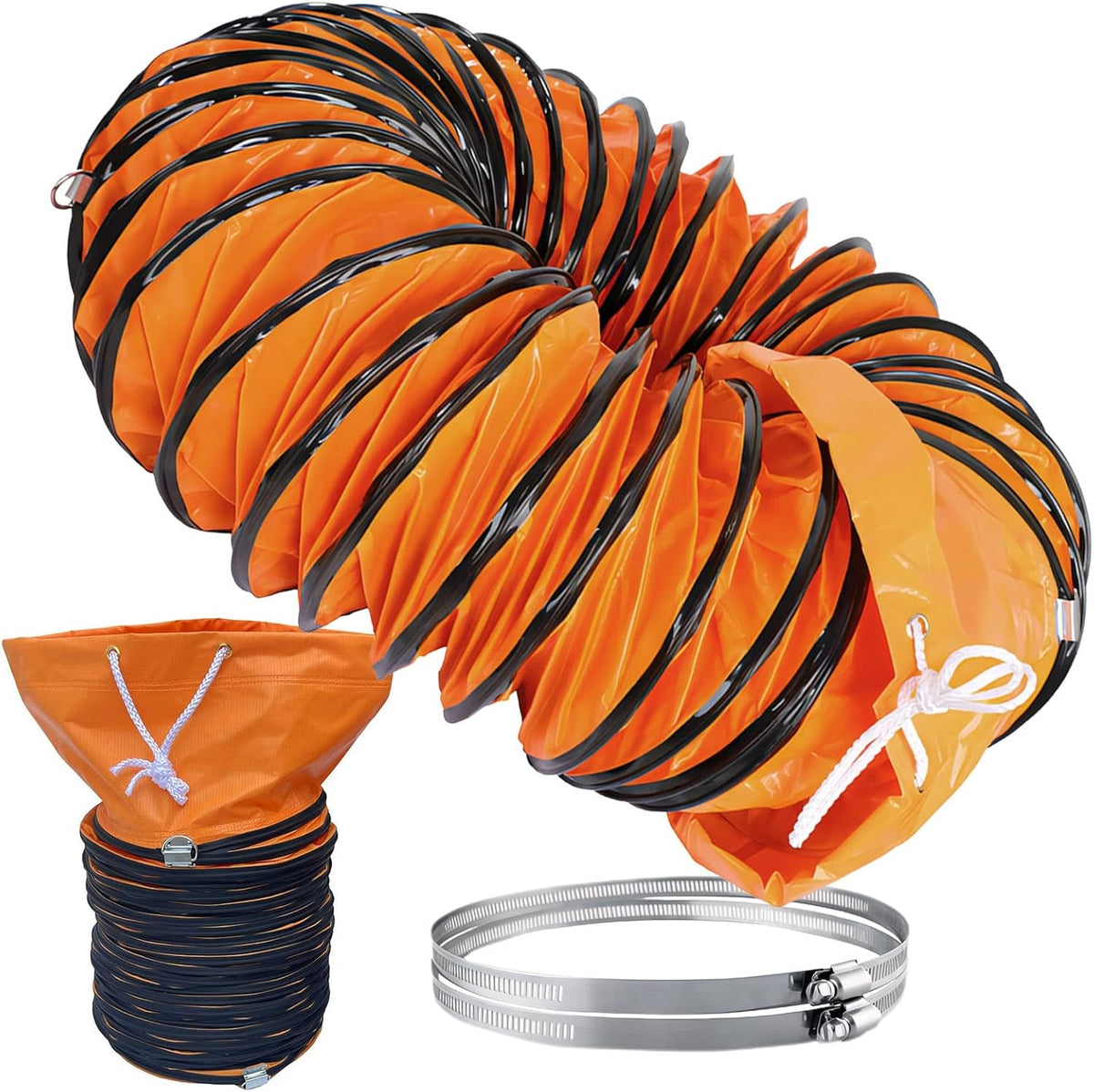 Flexibler PVC Luftschlauch 500 mm x 5 m Orange Gelb - Stahldrahtverstärkt für Lüftungskanäle - Mit 2 Schlauchschellen für Abluftventilatoren - Flexible Rohrleitung ohne Montagebedarf