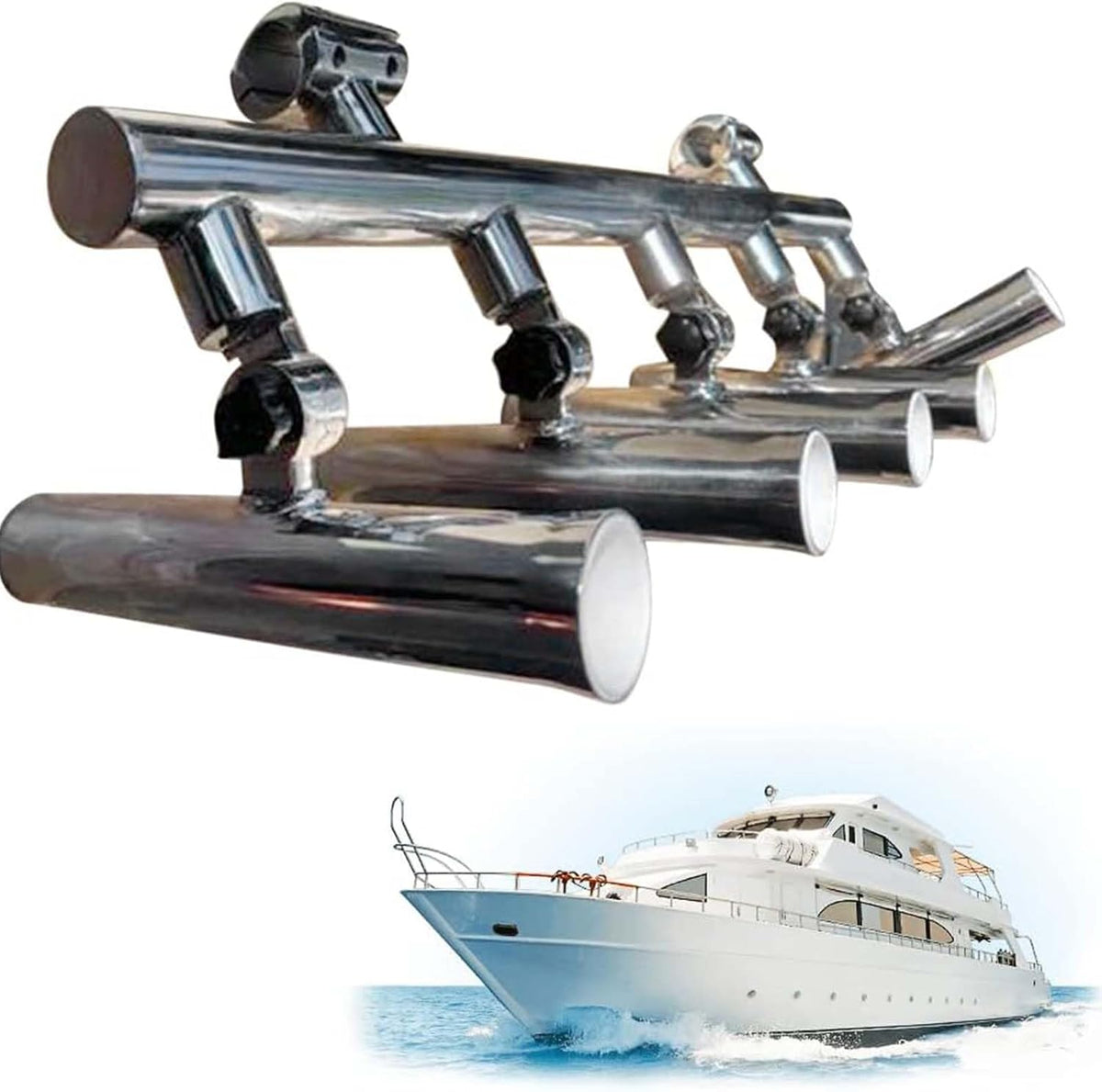 BESTXH Angelrutenhalter - Silberne Metallkonsole mit fünf Rohren - Oben montierbar mit verstellbarer 2 Zoll Klemme - Für Boot T Top und Meeresangeln