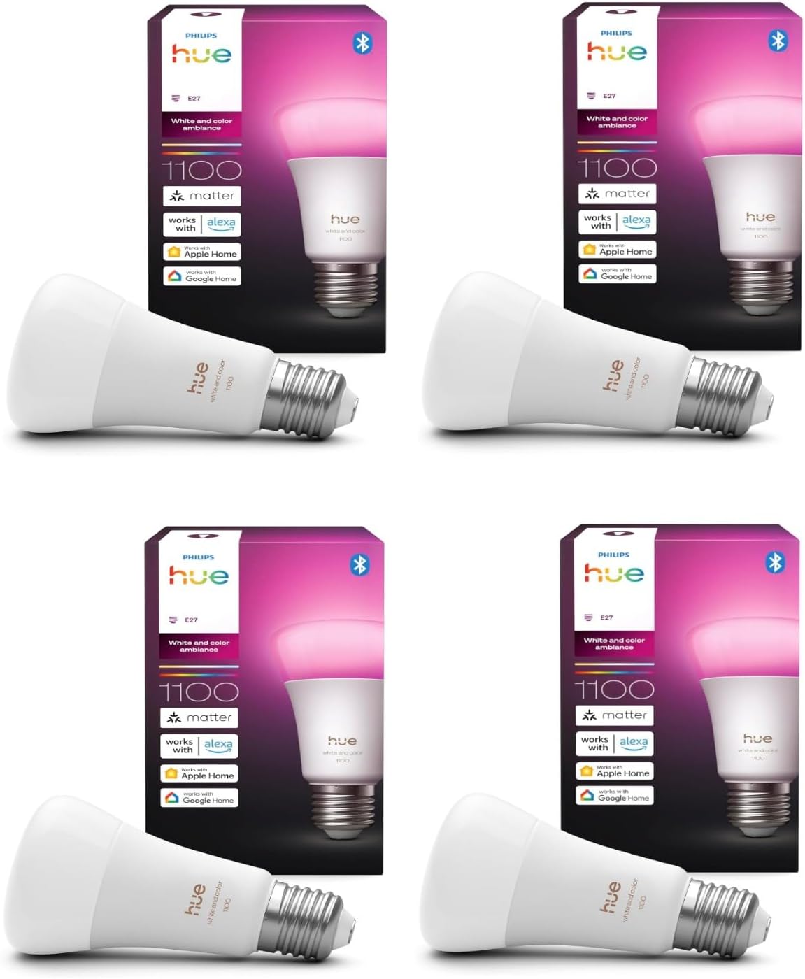Philips Hue White and Color Ambiance E27 - 4 smarte A60 LED Leuchtmittel mit Farbwechsel - Dimmbar mit 16 Millionen Farben und Weißtönen - App Sprachsteuerung Alexa Google Home und HomeKit