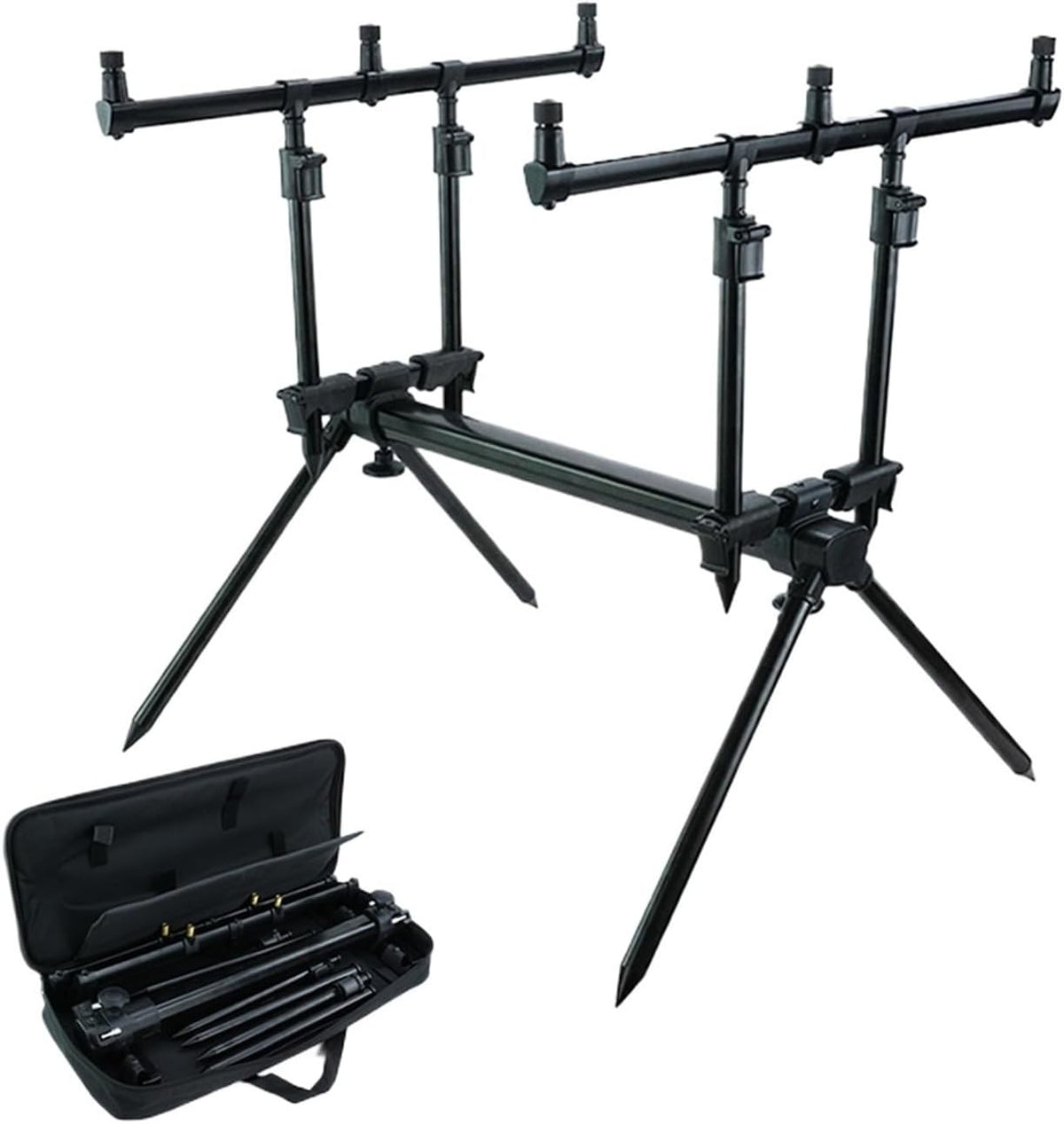 Karpfen Rod Pod Set für drei Ruten - Teleskopische Banksticks und verstellbare Buzz Bars - ABS Konstruktion für flexible Aufstellung - Für Karpfenangeln an See Fluss und Kanal