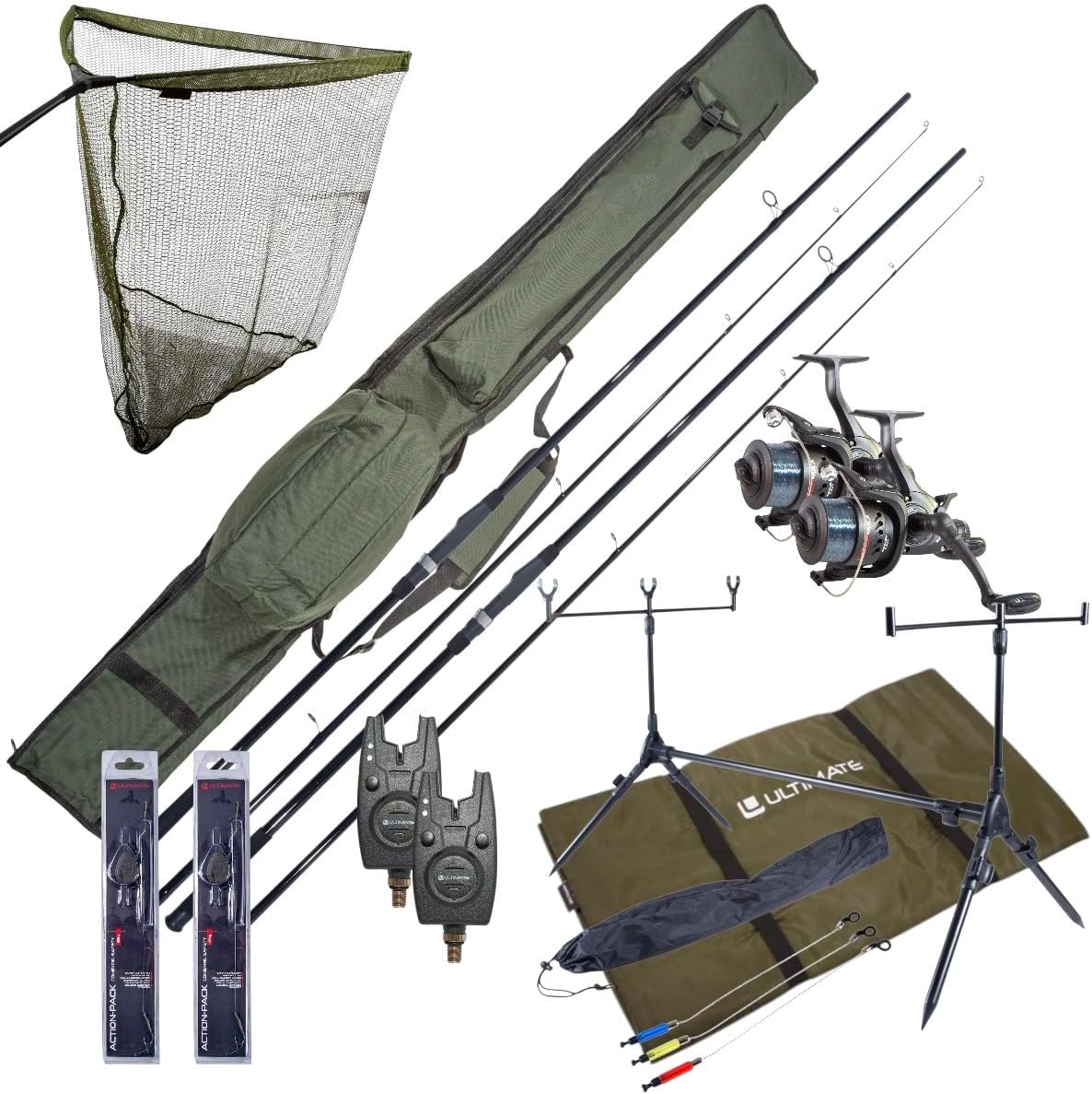 Ultimate Karpfen Komplettset - Ruten mit Freilaufrollen und Rod Pod - Mit Bissanzeigern und End Tackle - Für stationäres Karpfenangeln
