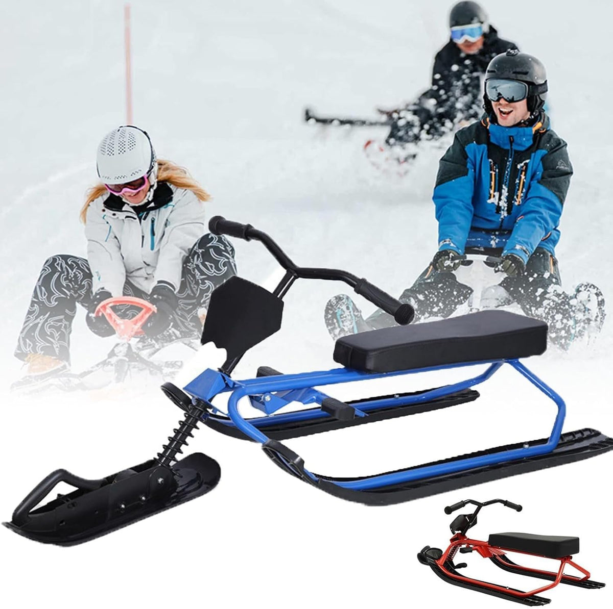 Schwerlast Schneeschlitten für Erwachsene - Stahlrahmen für stabile Winterfahrten - Blau belastbar bis 80 kg - 120 x 50 x 44 cm für Rodeln und Freizeit im Schnee