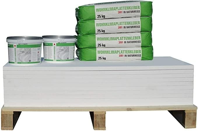 Calciumsilikat Klimaplatten Set 30 mm - Dämmplatten für 7,2 m2 mit Plattenkleber und Silikatgrundierung - Für Innendämmung Keller und Feuchtraum - Zur Renovierung und Schimmelprävention