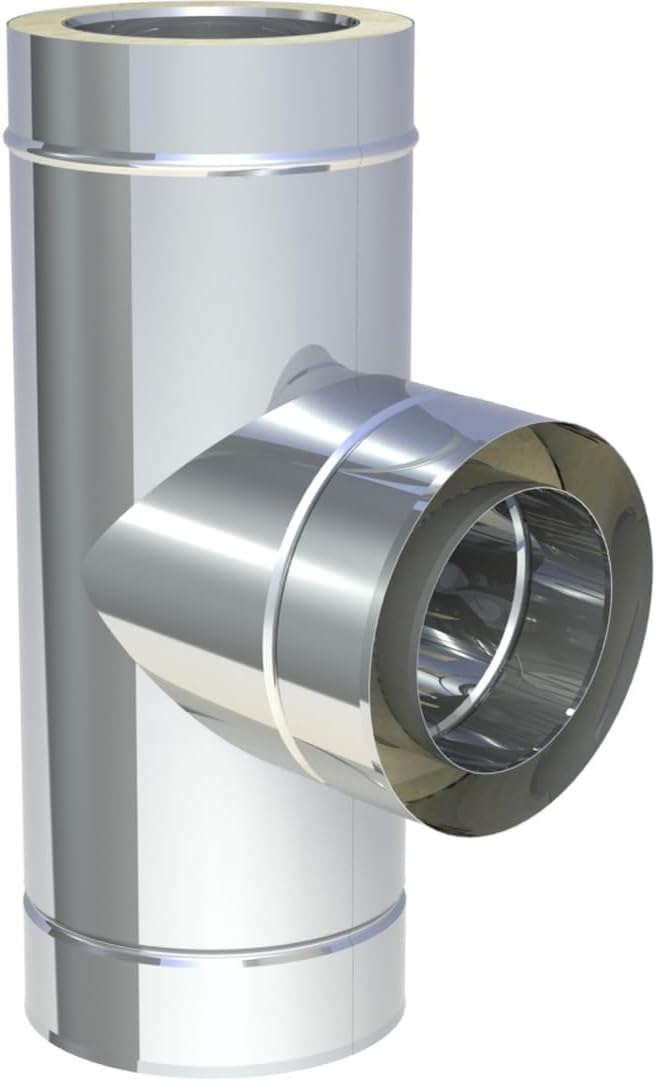 Jeremias DW FU T Anschluss 200 mm - 87 Grad Edelstahl mit Wassernase - Doppelwandiges Abgassystem für Öl Gas und Festbrennstoffe - CE zertifiziertes Schornsteinelement