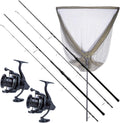Sonik Xtractor Plus Karpfen Komplettset - Zwei 9 Fuß Ruten mit 3 lb und Rollen - Mit Kescher für mobile Angelsitzungen - Für Karpfenangeln an See Fluss und Kanal