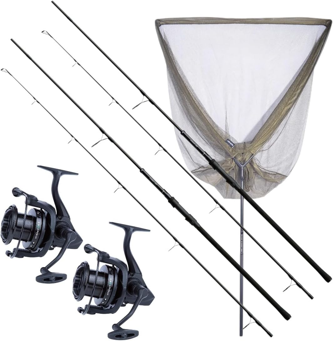 Sonik Xtractor Plus Karpfen Komplettset - Zwei 9 Fuß Ruten mit 3 lb und Rollen - Mit Kescher für mobile Angelsitzungen - Für Karpfenangeln an See Fluss und Kanal