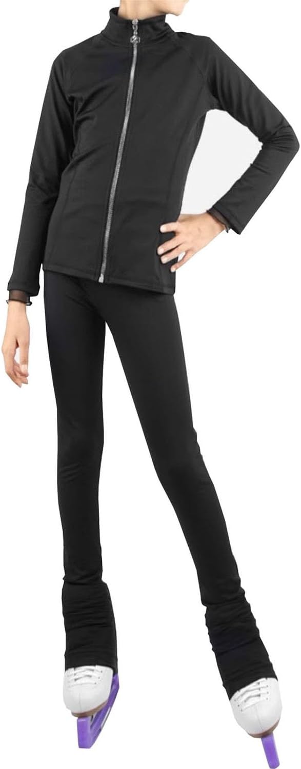 Eiskunstlauf Outfit für Mädchen Größe L - schwarze Langarm Jacke und warme Hose - Strass Leggings im einfarbigen Design - Trainingsset für Eislaufen und Wintersport