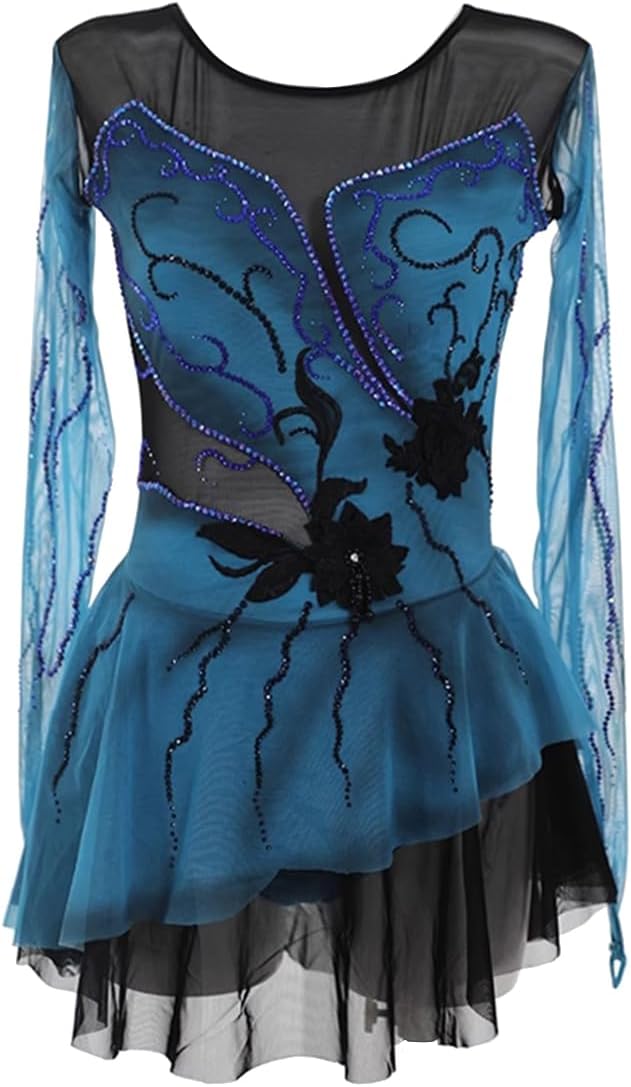 Eiskunstlauf Kleid Damen - Langarm Kürkleid mit Strass und Ballerina Design - Baumwolle für Wettbewerb und Performance - Tanzanzug für Eislauf und Rollkunstlauf