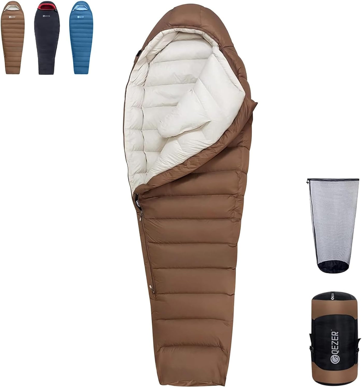 Daunenschlafsack für Erwachsene - Mumien Winterschlafsack mit 1500 g Entendaunen - Komfort minus 10 Grad und Extrem minus 26 Grad - Braun für Camping Trekking und Bergsteigen