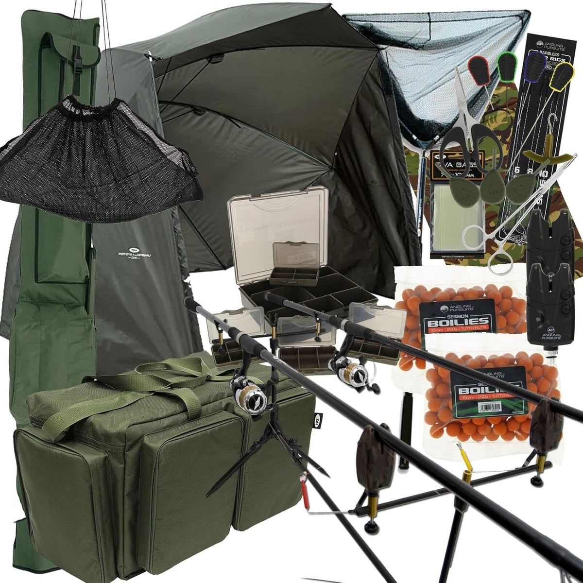 Karpfen Komplettset für drei Ruten - 3,6 m Fiberglasruten mit Rollen und Bissanzeigern - Mit Netz Rod Pod Brolly und Taschen - Für Karpfenangeln