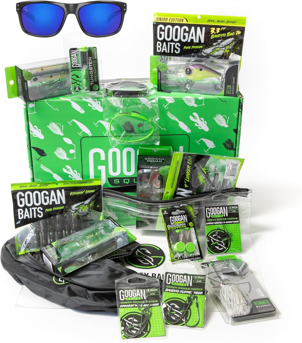 Googan Squad Mega Mondo Köderset - Premium Sortiment für Großmaul und Kleinmaulbarsch - Grün weiße Kunststoffköder - Für Casting und Spinnangeln