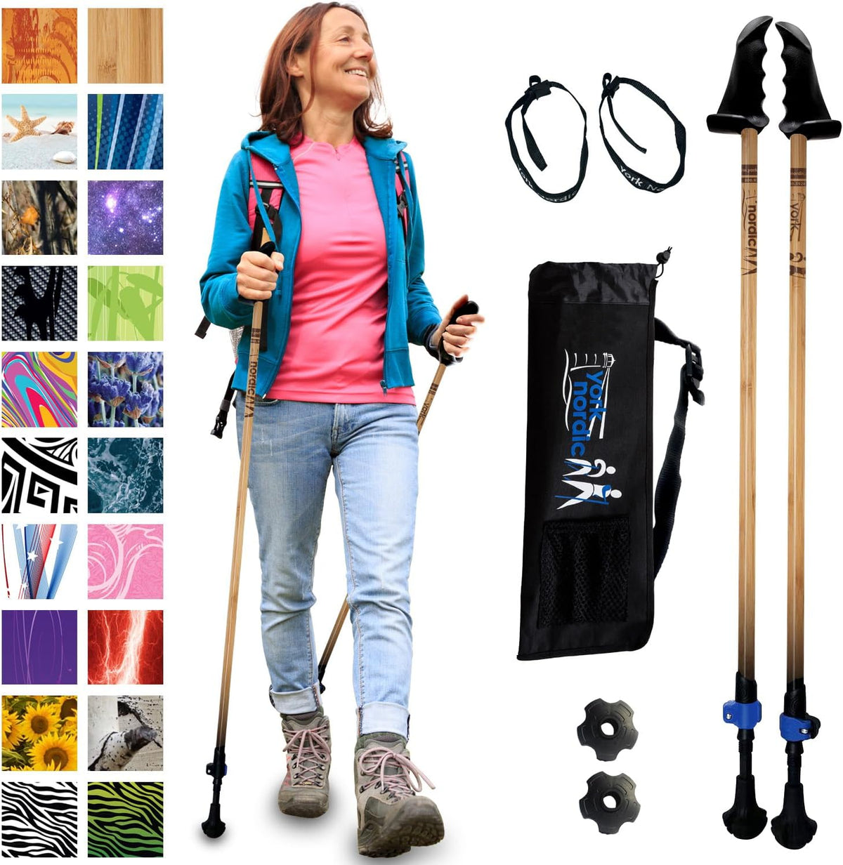 York Nordic Motivator Wanderstöcke - Zweiteiliges Set mit patentierten Stabilitätsgriffen - Aluminium in Bambusoptik und 54 Zoll - Für Balance Reha und Walking
