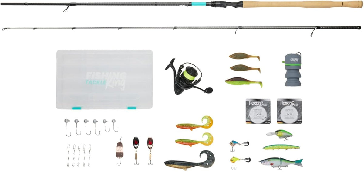 Fishing King Hecht Angelset - 2,70 m Spinnrute mit 40 bis 120 g Wurfgewicht - Rolle Größe 4000 mit Schnur und Köderbox - Für Hecht und Raubfischangeln