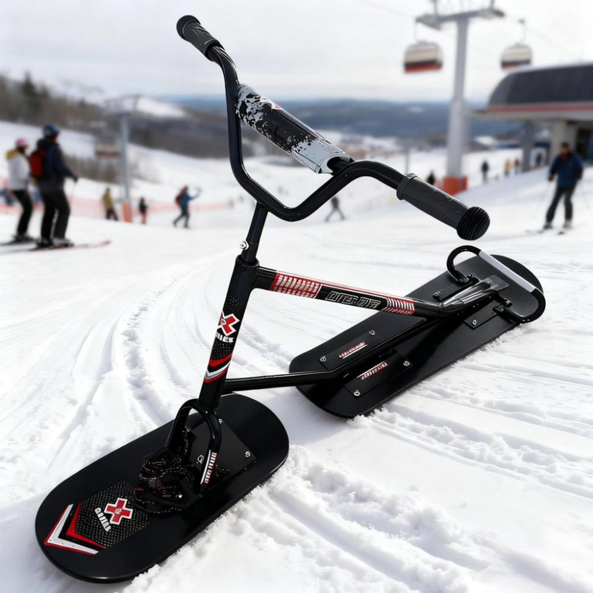 All Terrain Schneeschlitten für Erwachsene - Doppelboard Design mit 360 Grad drehbarem Hinterski - Dreifach verstärkt bis 150 kg - Schwarzes Snowboard für Snowparks