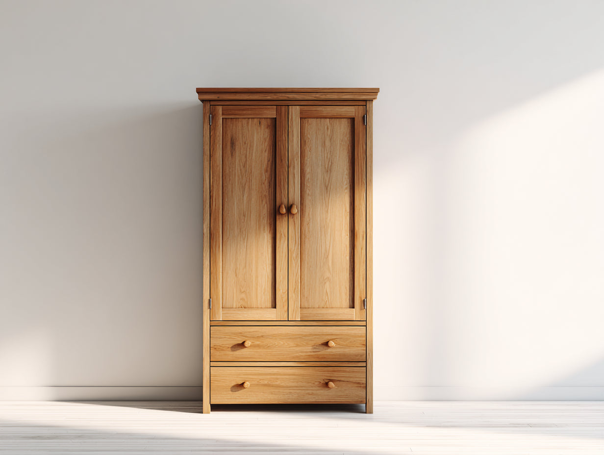 Kleiderschrank aus Massivholz 100x55x190 cm - Eichenfarbe - Mit 2 Türen und 2 Schubladen - Klassisches Design