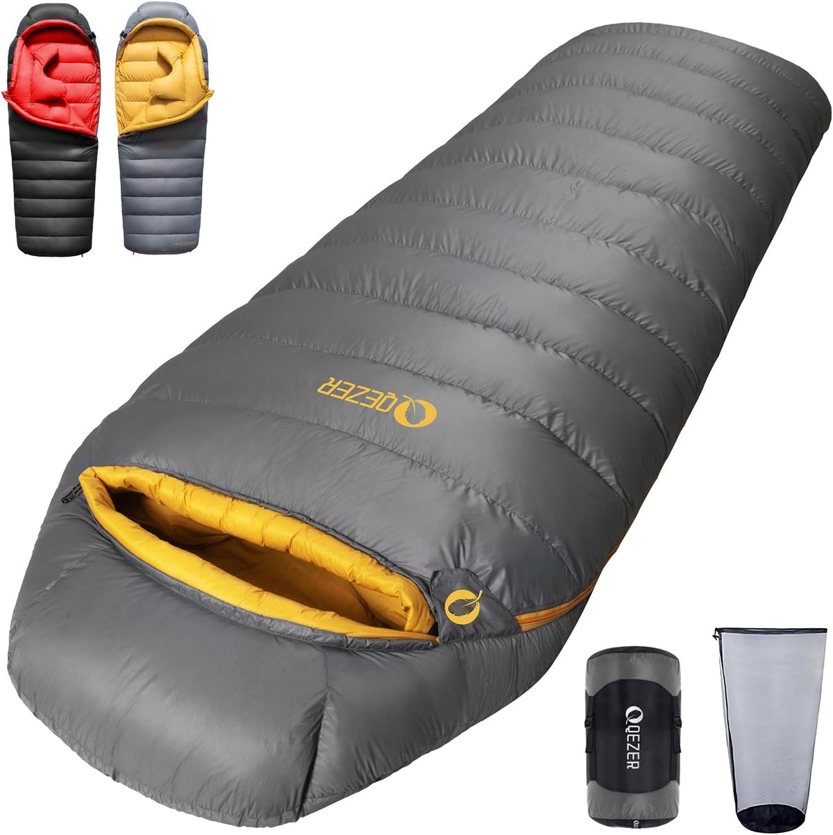 Daunenschlafsack mit Graphenfutter - Dunkelgrau mit 1500 Gramm Entendaunen - 620 FP Füllkraft für vier Jahreszeiten - Für Camping Wandern und Bergsteigen