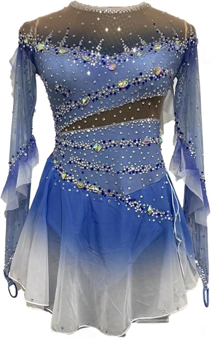 purpleq Eiskunstlauf Wettkampf Kleid - Langarm mit Farbverlauf Kristall und Strass - Baumwoll Performance Kostüm für Mädchen - Für Eislauf Gymnastik und Rollkunstlauf