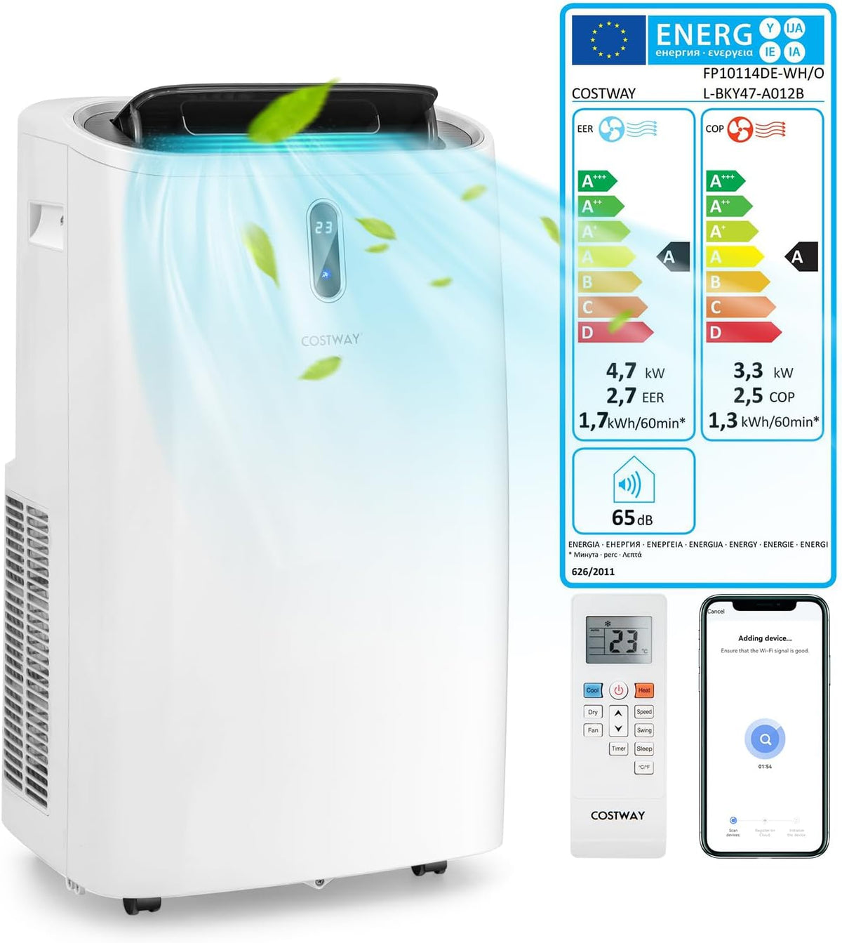 COSTWAY mobile Klimaanlage 16000 BTU - 4700 W 5 in 1 Klimagerät für Räume bis 150 m3 - Kühlen Heizen Entfeuchten Belüften und Schlafmodus - App Fernbedienung und 24 Stunden Timer