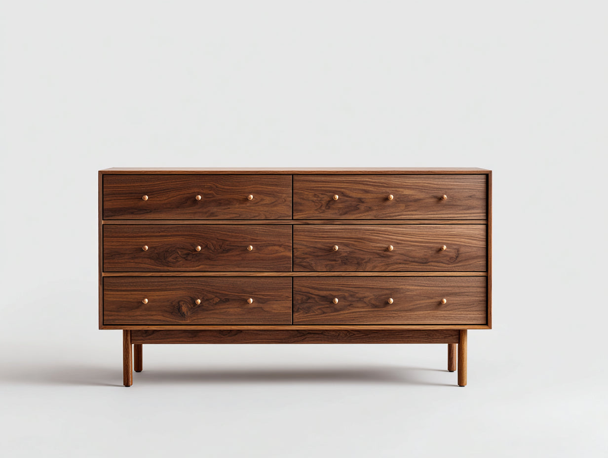 Kommode mit Schubladen Holz Nussbaum 150x40x75 cm Braun - Modern Retro Design 6 Schubladen Schlafzimmer Wohnzimmer Stauraum