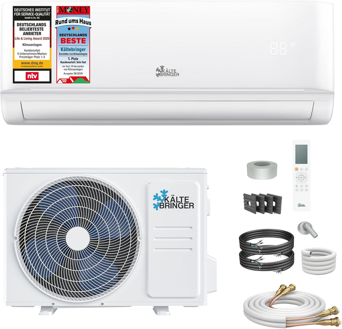 Kältebringer Quick Connect Split Klimaanlage - 18000 BTU und 5,3 kW für Räume bis 91 m2 - Heizen WiFi App und R32 mit 19 dB - 5 m Kupferleitung und Montagematerial