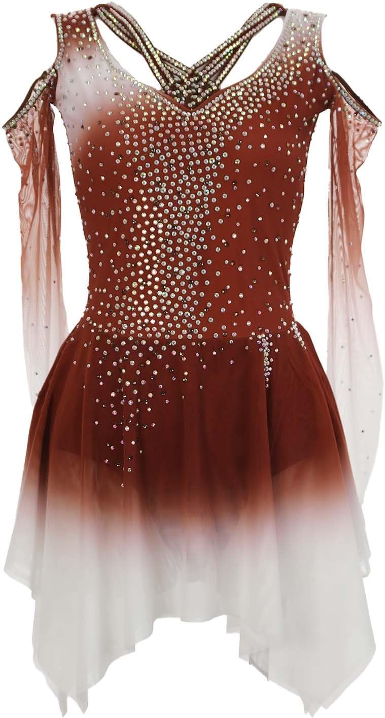 Eiskunstlauf Wettkampfkleid für Mädchen - Offener Rücken mit Farbverlauf und glänzendem Strass - Damen Team Eistanz Outfit - Für Performance und Wettbewerb