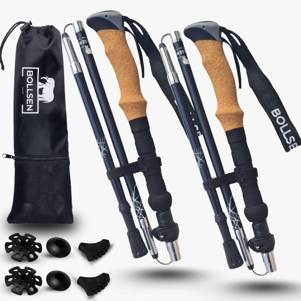 BOLLSEN Expedition Pro Wanderstöcke - Faltbare Aluminiumstöcke bis 130 cm - Höhenverstellbar in Marineblau - Für Wandern Trekking und Nordic Walking