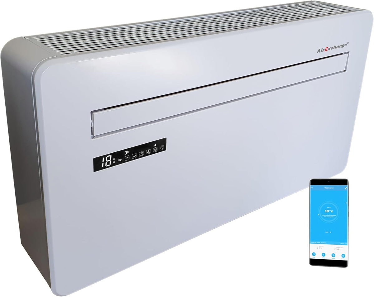 AirExchange Monoblock Klimaanlage Wärmepumpe - 12000 BTU für Räume bis 80 m2 ohne Außengerät - Kühlen Heizen Entfeuchten Reinigen und R290 - WiFi Aktivkohlefilter und 24 dB
