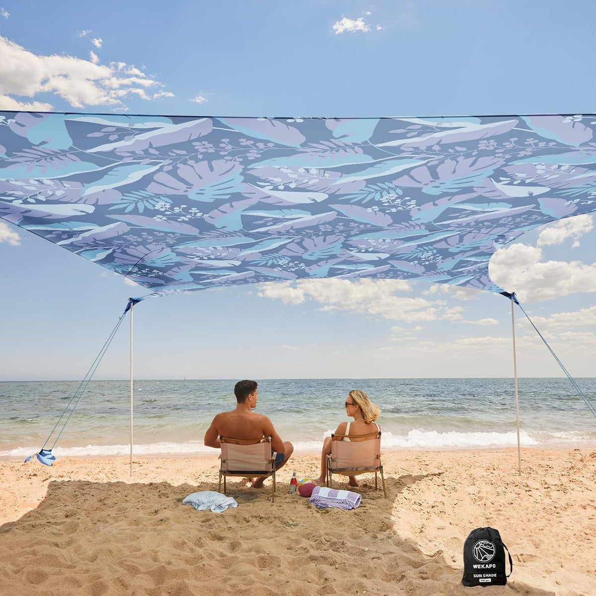 WEKAPO Strandzelt mit Sonnenschutz - 2,3 m hoch mit 4 stabilen Stangen und großen Sandsäcken - UPF 50 Schutz aus Spandex - Für Strand Garten Camping und Outdoor