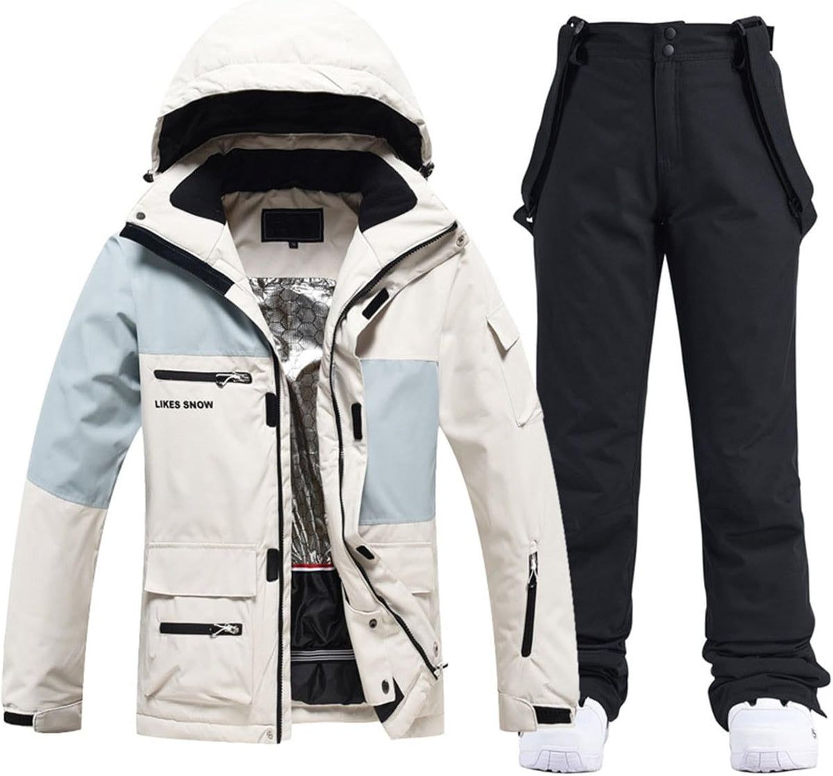 Damen Skianzug 2 teilig - Skijacke und Skihose aus Polyester und Spandex - Wasserdicht und warm mit abnehmbarer Kapuze - Für Skifahren und Snowboarden