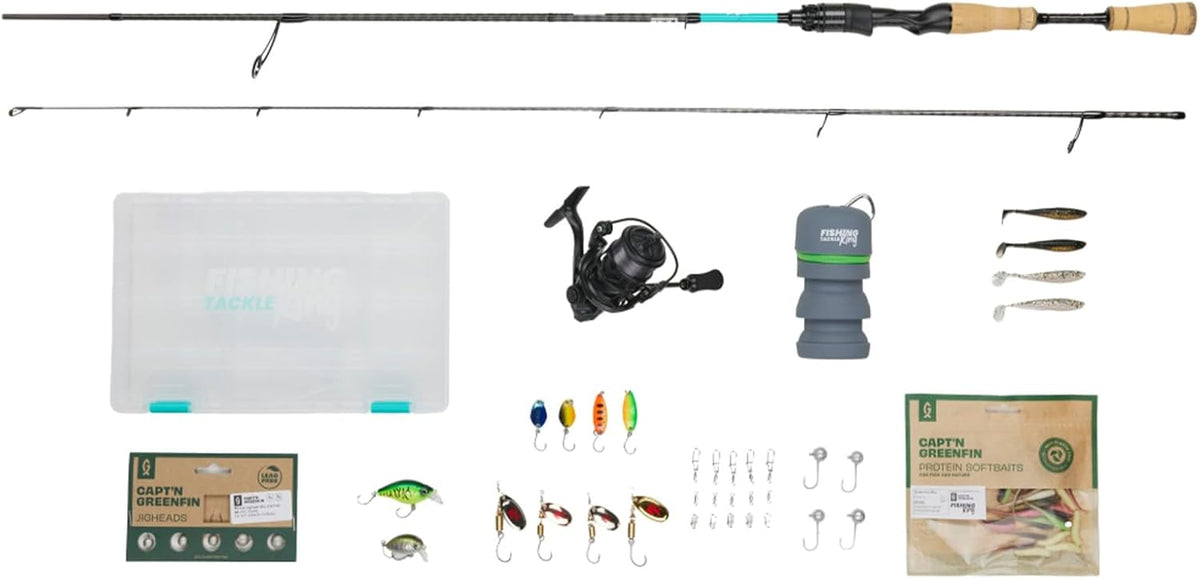Fishing King Forellen Angelset - 1,90 m Spinnrute mit 2 bis 10 g Wurfgewicht - Rolle Größe 1000 mit Schnur und Köderbox - Für Forellenangeln