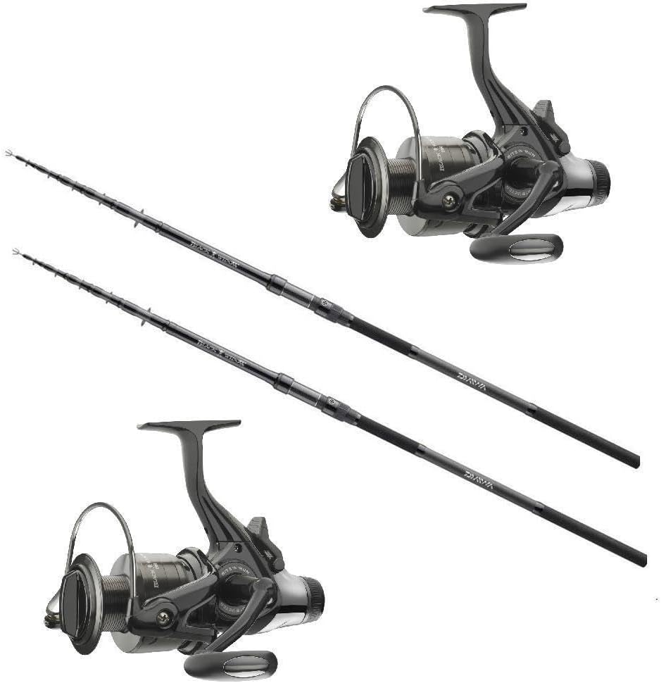 Black Widow Tele Karpfencombo im Zweier Set - Zwei 3,60 m Teleskopruten mit 3 lb - Freilaufrollen in Schwarz und Silber - Für Casting und Karpfenangeln