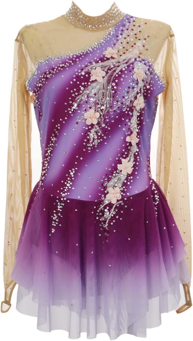 Eiskunstlauf Wettkampfkleid für Mädchen und Frauen - Professionelle Skating Bekleidung mit Applikationen - Tanzkostüm für Performance - Maschinenwaschbares Outfit