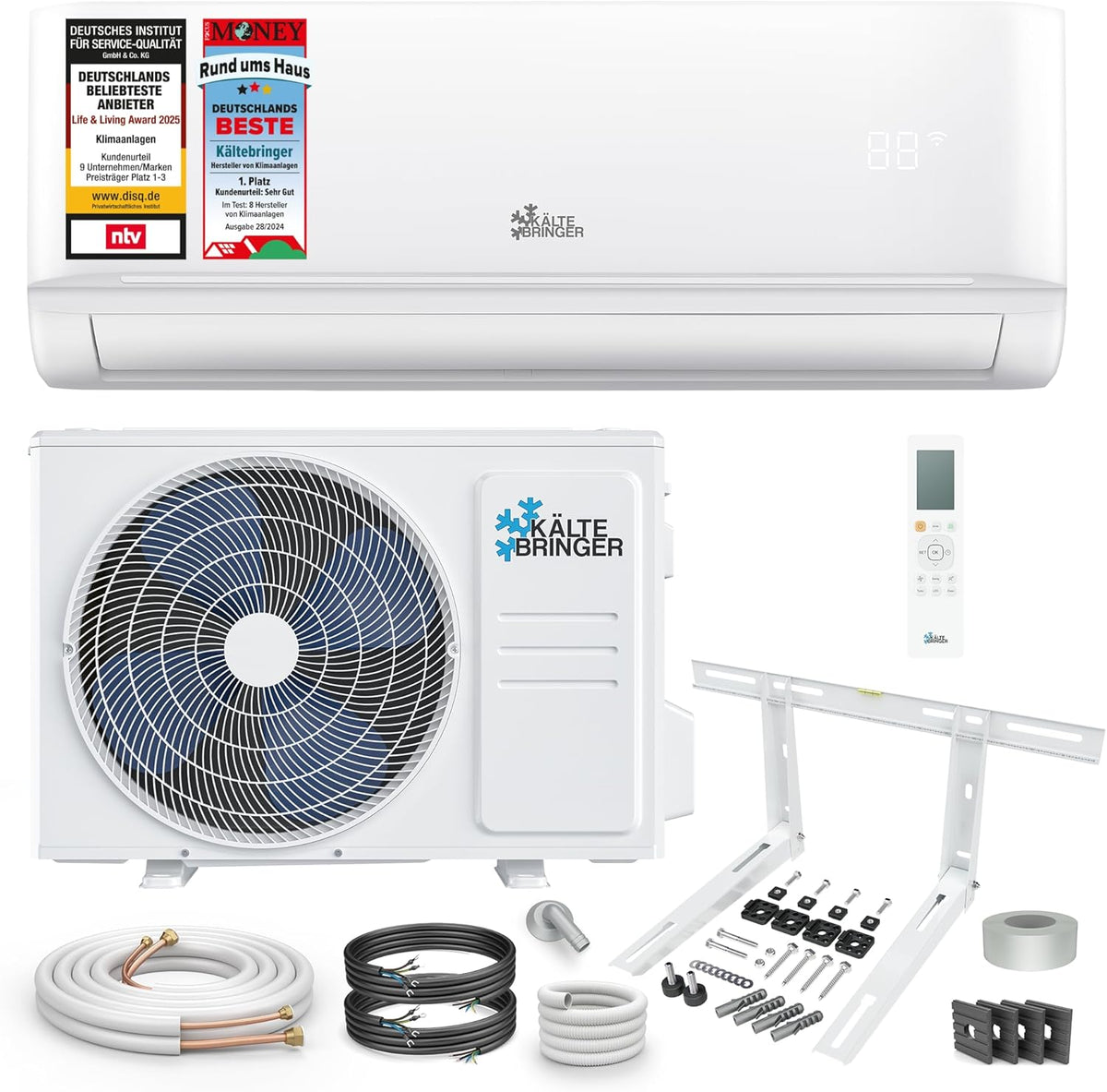 Kältebringer Split Klimaanlage 9000 BTU 2.6 kW - Kühlen und Heizen bis 45 Quadratmeter - WiFi App und 19 dB Betrieb - Mit R32 5 m Kupferleitung Wandhalterung und Zubehör