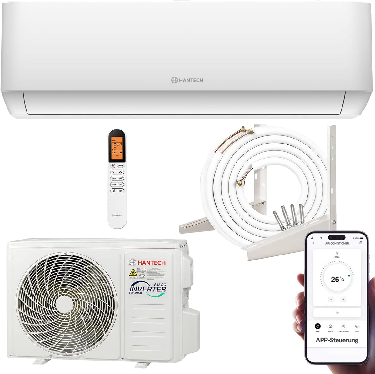 HANTECH H PRO Split Klimaanlage - 12000 BTU für Räume bis 45 m2 mit Heizen und Kühlen - WiFi Schlafmodus Schnellkühlung und R32 - Weiß mit Montagematerial und Luftfilter