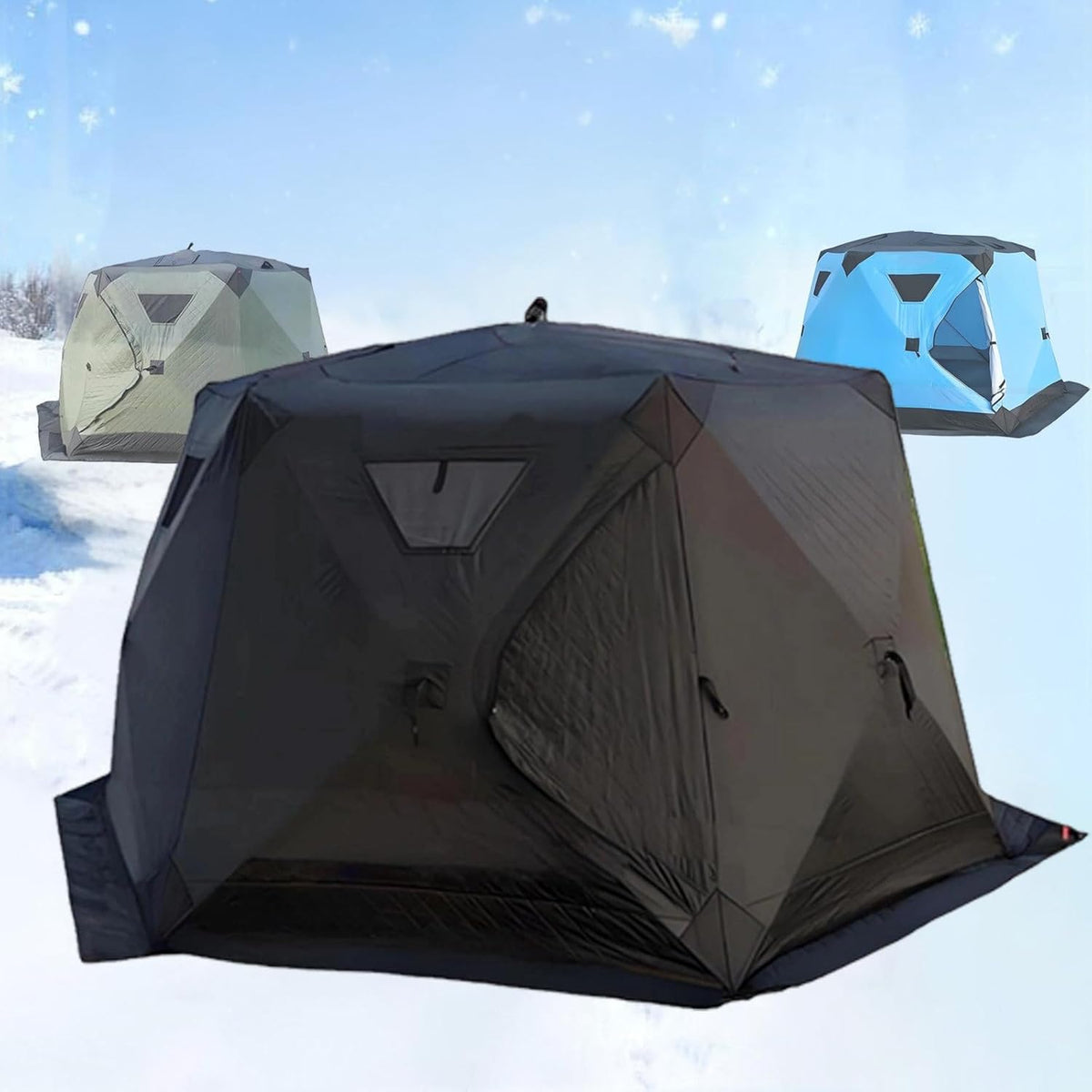 Isolierter Eisangel Unterstand - Sechseckiges Pop Up Zelt für fünf bis sechs Personen - Schwarz mit Herdanschluss und Boden - Für Wintercamping und Eisfischen