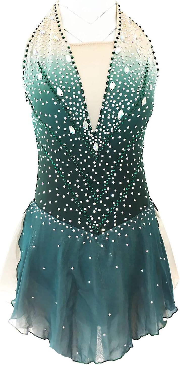 Eiskunstlauf Kleid für Damen und Mädchen - Dunkelgrün mit offenem Rücken und Strass - Ärmellos mit leichter Elastizität - Für Training und Eislauf Performance