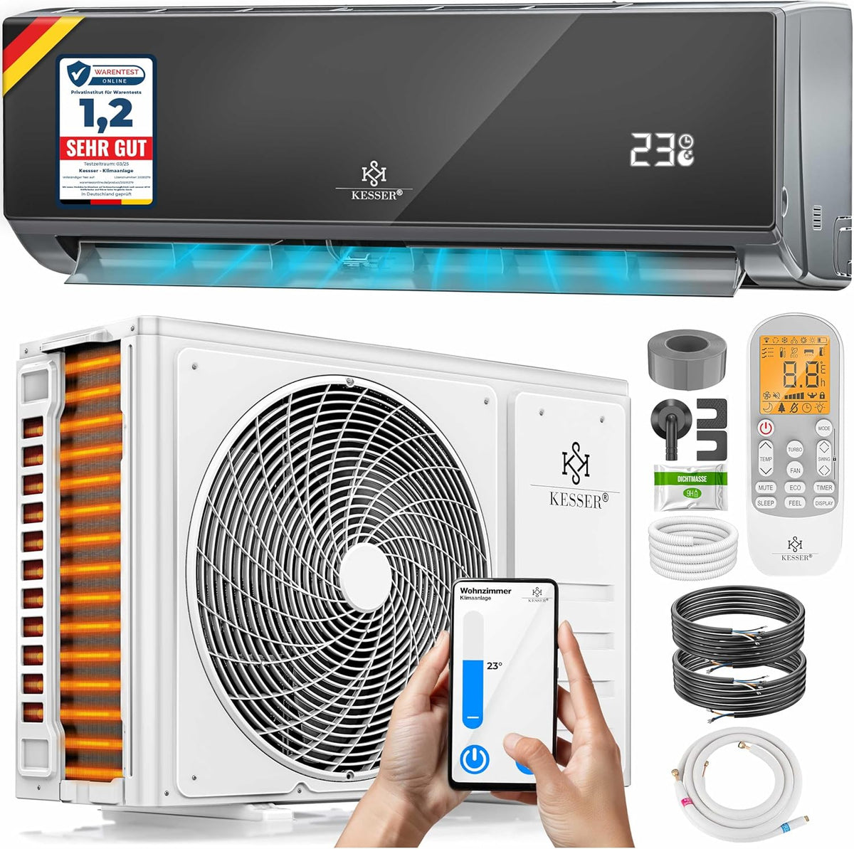 KESSER Split Klimaanlage 9000 BTU 2.6 kW - Kühlen Heizen und Entfeuchten - WiFi App Fernbedienung und Timer - Energieklasse A Plus Plus mit R32 und Montagematerial
