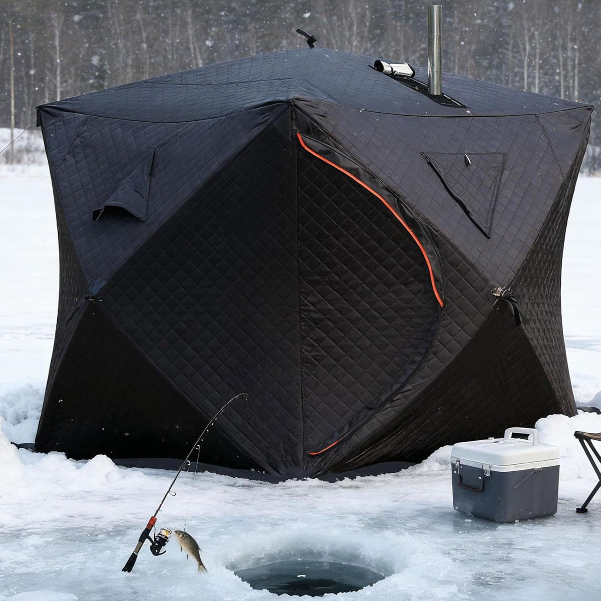 Dreilagiges Winter Angelzelt - Outdoor Unterstand mit Kaminöffnung und zwei Türen - Ausführung mit 1 Komma 8 m und 11 Komma 5 kg - Für Eisangeln und Camping