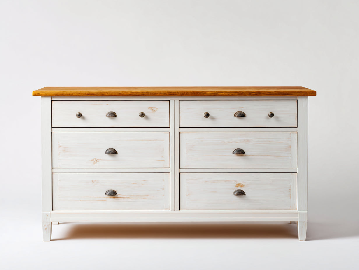 Kommode mit Schubladen aus Massivholz 150x45x90 cm - Weiß-Eichenfarbe - Mit 6 Schubladen - Landhausstil