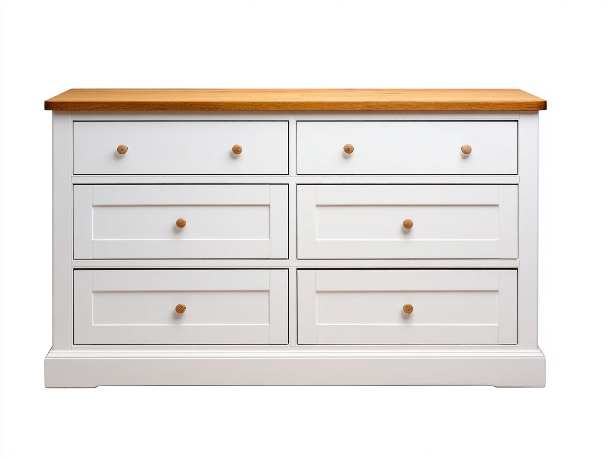 Kommode mit Schubladen aus Massivholz 140x45x90 cm - Weiß-Eichenfarbe - Mit 6 Schubladen - Landhausstil
