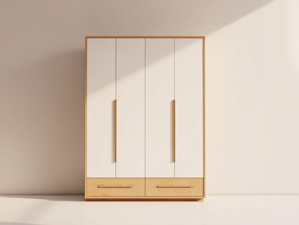 Kleiderschrank Holz Weiß Natur 160x60x200 cm Schlafzimmer Schrank 4 Türen 2 Schubladen Modern Minimalistisch